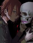  1boy black_background black_jacket blood from_side gloves grey_eyes hands_up highres jacket long_sleeves looking_at_viewer male_focus master_detective_archives:_rain_code open_mouth pink_blood redhead shirt short_hair skeleton solo sumi_(o_ooov) twitter_username upper_body white_gloves white_shirt yomi_hellsmile 