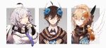  1boy 2girls ahoge angel_wings antlers bird bird_on_hand bird_wings bishounen black_scarf black_shirt blanc_(hen-tie) blonde_hair blue_eyes blue_flower blue_jacket blue_shirt border bow bowtie brown_capelet brown_coat brown_hair brown_scarf buttons capelet character_name coat coattails collared_shirt cyrille_(hen-tie) deer_antlers english_commentary english_text eyelashes falling_petals feathered_wings flower forget-me-not_(flower) frown grey_background hair_flower hair_ornament hairclip half-closed_eyes hand_up hen-tie high_ponytail highres jacket kasper_(hen-tie) layered_sleeves light_purple_hair long-tailed_tit long_sleeves looking_ahead multiple_girls necktie open_clothes open_coat open_mouth original parted_lips petals pinstripe_pattern pinstripe_shirt purple_necktie red_bow red_bowtie scarf shirt short_hair sidelocks smile star_(symbol) star_in_eye straight-on striped striped_scarf symbol_in_eye tit_(bird) two-tone_scarf upper_body vertical-striped_scarf vertical_stripes wavy_hair white_border white_jacket white_scarf white_shirt white_wings wings x_hair_ornament 