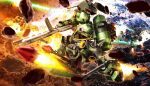  3d asteroid battle beam_rifle cable char&#039;s_counterattack clouds commentary_request debris energy_gun explosion firing geara_doga gundam highres hose igaraigara mecha mobile_suit no_humans one-eyed realistic robot rocket thrusters tube weapon 