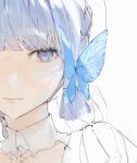  1girl blue_eyes blue_hair blunt_bangs butterfly_hair_ornament closed_mouth eyelashes genshin_impact hair_ornament highres kamisato_ayaka kamisato_ayaka_(springbloom_missive) kb_beary lips looking_at_viewer portrait simple_background solo unfinished white_background 