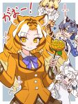  4girls animal_ears animal_print blazer blonde_hair blue_background blue_eyes bow bowtie byakko_(kemono_friends) da_(bobafett) extra_ears flower golden_tabby_tiger_(kemono_friends) grey_hair heterochromia jacket kemono_friends long_hair looking_at_viewer maltese_tiger_(kemono_friends) multiple_girls rose shirt short_hair simple_background skirt smilodon_(kemono_friends) tiger_ears tiger_girl tiger_print translation_request white_hair yellow_eyes 