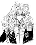  1girl aiguillette akiyama_enma closed_mouth commentary_request epaulettes greyscale hair_between_eyes jacket long_hair looking_at_viewer monochrome oscar_francois_de_jarjayes simple_background smile solo upper_body v-shaped_eyebrows versailles_no_bara wavy_hair white_background 