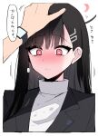  1girl absurdres black_hair blue_archive blush commentary_request hair_ornament hairclip halo highres himiya_jouzu long_hair petting red_eyes rio_(blue_archive) simple_background solo_focus speech_bubble translation_request turtleneck upper_body white_background 