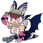  1girl animal_ears bat_ears bat_girl bat_wings binoculars brown_eyes brown_hair brown_long-eared_bat_(kemono_friends) elbow_gloves extra_ears fingerless_gloves gloves grey_hair hat inada_roku kemono_friends kemono_friends_v_project leotard long_hair microphone pantyhose simple_background skirt solo virtual_youtuber wings 