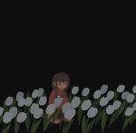  1girl arms_at_sides black_background braid brown_hair brown_skirt closed_eyes closed_mouth commentary_request expressionless facing_ahead field flower flower_field fucca grey_socks hair_over_shoulder highres kneehighs kneeling long_hair long_sleeves low_twin_braids madotsuki print_sweater red_sweater simple_background skirt socks solo sweater tulip twin_braids white_flower white_tulip yume_nikki 