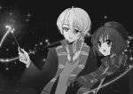  +_+ 1boy 1girl arima_kana beret black_background black_vest blush bob_cut greyscale harry_potter_(series) hat hat_ribbon highres holding holding_wand hoshino_aquamarine inverted_bob looking_to_the_side magic monochrome necktie open_mouth oshi_no_ko ribbon shawl short_hair star_(symbol) sweater_vest vest wand wizarding_world xiang_yu_pai 