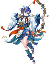  1girl arrow_(projectile) bare_shoulders blue_eyes blue_hair bow_(weapon) catria_(fire_emblem) chachie circle detached_sleeves fire_emblem fire_emblem:_mystery_of_the_emblem fire_emblem_heroes full_body hair_ornament highres holding holding_weapon japanese_clothes non-web_source obi sandals sash short_hair solo toeless_legwear transparent_background weapon wide_sleeves 