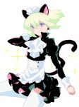  1boy :t animal_ears apron ascot blush_stickers cat_boy cat_ears cat_tail crossdressing floating_hair green_hair highres lio_fotia maid maid_apron maid_headdress male_focus otoko_no_ko promare short_hair simple_background solo sparkle tail thigh-highs unakura violet_eyes white_ascot white_background white_thighhighs zettai_ryouiki 