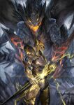  ambiguous_gender armor claws couter covered_face drawing_sword electricity fake_horns fantasy faulds full_armor gauntlets giant giant_monster glowing glowing_eyes gold_armor greaves helm helmet holding holding_sword holding_weapon horned_helmet horns imminent_fight knight layered_armor monster original pauldrons pixiv_fantasia pixiv_fantasia_revenge_of_the_darkness plate_armor rerebrace sharp_teeth sheath shoulder_armor shousuke_(skirge) solo sword teeth unsheathing weapon 