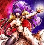  1girl absurdres armor breasts cape commission commissioner_upload english_commentary fire_emblem fire_emblem:_genealogy_of_the_holy_war hair_ornament highres ishtar_(fire_emblem) large_breasts long_hair multicolored_background pauldrons purple_hair shoulder_armor tana_taka_3rder very_long_hair 