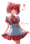  1girl absurdres akami_karubi animal_ears apron blue_eyes breasts cat_ears cat_girl collar dress gradient_eyes harupuri913 highres indie_virtual_youtuber looking_at_viewer metal_collar multicolored_eyes puffy_short_sleeves puffy_sleeves red_dress redhead short_hair short_sleeves skirt_hold small_breasts smile twintails virtual_youtuber white_apron yellow_eyes 