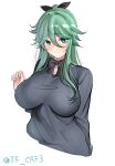  1girl alternate_costume black_bow black_bowtie black_ribbon bow bowtie breasts green_eyes green_hair grey_shirt hair_between_eyes hair_flaps hair_ornament hair_ribbon hairclip highres kantai_collection large_breasts long_hair looking_at_viewer one-hour_drawing_challenge parted_bangs ponytail ribbon shirt sidelocks simple_background solo tf_cafe twitter_username upper_body white_background yamakaze_(kancolle) 