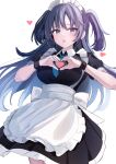  1girl alternate_costume apron black_dress black_wristband blue_archive blue_eyes blue_hair blue_necktie breasts collared_dress commentary_request cowboy_shot dress heart heart_hands highres large_breasts long_hair looking_at_viewer maid maid_apron maid_headdress necktie open_mouth puffy_short_sleeves puffy_sleeves short_sleeves simple_background solo touyou_(39kir) two_side_up waist_apron white_apron white_background yuuka_(blue_archive) 