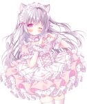  1girl animal_ears blush cat_ears cat_girl cat_tail dress frills hairband highres loli lolita_fashion long_hair one_eye_closed original pink_dress pink_eyes puu_(kari---ume) tail uniform white_background 