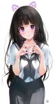  1girl absurdres animal_ears artist_logo black_hair black_neckerchief black_sailor_collar cat_ears chitanda_eru closed_mouth fake_animal_ears fake_whiskers hands_up heart heart_hands heart_in_eye highres hyouka kamiyama_high_school_uniform_(hyouka) long_hair looking_at_viewer mery_(yangmalgage) neckerchief oreki_houtarou sailor_collar school_uniform serafuku shirt simple_background skirt smile solo symbol_in_eye violet_eyes white_background white_shirt 