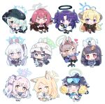  6+girls absurdres akari_(blue_archive) animal_ear_fluff animal_ears aqua_eyes aru_(blue_archive) black_hair black_headwear blonde_hair blue_archive breasts brown_hair candy chair chibi dog_ears dog_girl dog_tail fake_animal_ears food glasses gradient_hair gun hair_bun hair_ornament hair_over_one_eye halo hat heart helmet hibiki_(blue_archive) hibiki_(cheer_squad)_(blue_archive) hibiki_(kancolle) highres hiyori_(blue_archive) holding holding_weapon horns jacket leaf leaf_on_head lollipop long_hair mika_(blue_archive) miyako_(blue_archive) miyu_(blue_archive) moe_(blue_archive) multicolored_hair multiple_girls one_eye_closed open_mouth pantyhose pink_hair pleated_skirt pom_pom_(cheerleading) purple_hair sailor_collar saki_(blue_archive) sample_watermark school_uniform seia_(blue_archive) serafuku short_hair simple_background single_side_bun sitting skirt tail tanikomotimoti two_side_up very_long_hair weapon white_background yuuka_(blue_archive) 