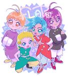  4boys :d \m/ ahoge akatsuki_(ojamajo_doremi) antenna_hair black_footwear black_jacket blonde_hair blue_eyes blue_hair chinese_clothes closed_mouth commentary_request crossed_arms fujio_(ojamajo_doremi) green_eyes hair_between_eyes hand_in_pocket hands_in_pockets jacket korozikoro leon_(ojamajo_doremi) long_sleeves looking_at_viewer low_ponytail male_focus multiple_boys ojamajo_doremi open_mouth orange_hair pants purple_jacket red_footwear red_jacket shoes short_hair sitting sleeveless sleeves_past_fingers sleeves_past_wrists smile sneakers standing tooru_(ojamajo_doremi) white_pants yellow_footwear yellow_pants 