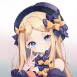  1girl abigail_williams_(fate) absurdres bare_shoulders black_bow black_dress black_headwear blonde_hair blue_eyes blush bow close-up dress fate/grand_order fate_(series) gradient_background hair_bow highres long_hair looking_at_viewer mantouovo multiple_hair_bows off_shoulder orange_bow polka_dot polka_dot_bow smile solo v 