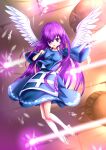  angel angel_wings apron blue_apron blue_dress blue_skirt blurry blurry_background dress feathered_wings feathers fighting floating grid_background highres korumoran lasers long_hair long_sleeves matenshi_(touhou) open_mouth purple_hair sandals skirt touhou touhou_(pc-98) undershirt violet_eyes white_wings wings 