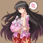  1girl black_hair blush breasts brown_background closed_mouth eaglov heart highres houraisan_kaguya large_breasts long_hair long_sleeves looking_at_viewer pink_shirt pixel_art red_eyes red_skirt shirt simple_background skirt spoken_heart touhou wide_sleeves 