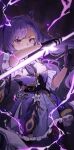  1girl black_pantyhose braid breasts commentary covering_mouth cowboy_shot dress frilled_dress frilled_sleeves frills genshin_impact gloves highres holding holding_sword holding_weapon keqing_(genshin_impact) kryto_arts lightning looking_at_viewer medium_breasts pantyhose purple_dress purple_gloves purple_hair short_sleeves solo sword twintails violet_eyes weapon 