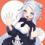  +_+ 1girl 39gg :d absurdres black_dress black_necktie blue_eyes blush braid breasts double_bun dress frilled_dress frills grey_hair hair_bun hands_up highres indie_virtual_youtuber lazu0721 long_hair long_sleeves looking_at_viewer medium_breasts necktie open_mouth orange_background parted_bangs short_necktie smile solo symbol-shaped_pupils teeth tentacle_hair two-tone_background virtual_youtuber 