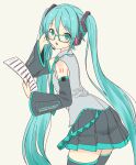  1girl black_skirt black_thighhighs blue_eyes blue_hair blue_necktie daipunch detached_sleeves glasses hair_between_eyes hair_ornament hatsune_miku headset highres holding holding_paper leaning_forward light_blush long_hair long_sleeves looking_at_viewer looking_back microphone necktie open_mouth paper pleated_skirt simple_background skirt solo thigh-highs twintails very_long_hair vocaloid 