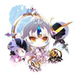  1boy 2girls black_hair boots chibi closed_eyes closed_mouth code:_esencia_(elsword) commentary_request crown dress elsword energy eve_(elsword) facial_mark flat_chest gem gem_on_head gloves gold_trim halo highres light_smile looking_at_viewer machine mechanical_halo moby_(elsword) mulook multiple_girls orange_eyes remy_(elsword) robot short_hair white_dress 