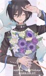  1boy ;d black_hair bouquet brown_eyes confetti danganronpa_(series) danganronpa_v3:_killing_harmony dated flower hair_between_eyes hand_up happy_birthday highres holding holding_bouquet jacket long_sleeves male_focus one_eye_closed purple_flower saihara_shuichi short_hair smile striped striped_jacket upper_body white_flower xiao_(grsnss25) 