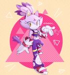  1girl animal_ears blaze_the_cat cat_ears cat_girl cat_tail crop_top emi_(storminghearts) eyelashes forehead_jewel fur-trimmed_gloves fur_trim furry furry_female gloves looking_at_viewer midriff pants pink_footwear ponytail purple_fur purple_pants sonic_(series) sonic_riders tail white_gloves yellow_eyes zipper zipper_pull_tab 
