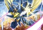  absurdres clouds cloudy_sky duel_masters duel_masters_play&#039;s energy_sword glowing glowing_eyes highres holding holding_sword holding_weapon kurokawa_heuy lightning low_wings mecha open_hand pink_eyes robot sky sword weapon wings 