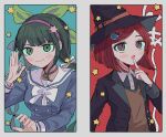  2girls :o bell black_headwear black_jacket black_shirt blue_shirt bow bowtie brown_vest chabashira_tenko choker collared_shirt danganronpa_(series) danganronpa_v3:_killing_harmony dress_shirt gem_hair_ornament green_eyes green_hair grey_shirt hairband hand_up hat highres index_finger_raised jacket long_hair looking_up multiple_girls neck_bell open_clothes open_jacket pink_hairband redhead sailor_collar shirt short_hair smile star_(symbol) uta_(utamilk) vest white_bow white_bowtie white_sailor_collar witch_hat yumeno_himiko 