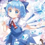  1girl album_cover blue_bow blue_dress blue_eyes blue_hair blush bow brown_footwear buttons cirno collared_shirt commentary_request cover cryokinesis dress fairy fairy_wings hair_bow ice ice_cube ice_wings kito_(sorahate) lace-trimmed_collar lace-trimmed_sleeves lace_trim looking_at_viewer neckerchief official_art open_mouth pink_background puffy_short_sleeves puffy_sleeves red_neckerchief shirt shoes short_hair short_sleeves sleeveless sleeveless_dress smile socks sparkle teeth touhou touhou_cannonball white_shirt white_socks white_trim wings 