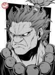  1boy absurdres akuma_(street_fighter) angry artist_logo bead_necklace beads border cheekbones clenched_teeth english_commentary federico_freschi furrowed_brow greyscale grimace highres jewelry male_focus mature_male monochrome muscular muscular_male necklace no_pupils portrait short_hair solo street_fighter teeth topknot upper_body veiny_neck 