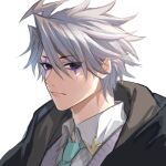  1boy aqua_necktie black_coat black_eyes charles-henri_sanson_(fate) closed_mouth coat collared_shirt fate/grand_order fate_(series) frontierpax grey_hair hair_between_eyes highres looking_at_viewer male_focus necktie purple_eyeliner shirt simple_background solo upper_body white_shirt 