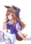  1girl 1other animal_ears blush brown_hair candy commentary_request ears_through_headwear food food_in_mouth frilled_skirt frills grey_headwear hand_up horse_ears horse_girl horse_tail kirimoto_takamitsu lollipop long_hair mouth_hold nakayama_festa_(umamusume) out_of_frame pleated_skirt puffy_short_sleeves puffy_sleeves purple_shirt school_uniform shirt short_sleeves simple_background sitting skirt solo_focus striped striped_headwear tail thigh-highs tracen_school_uniform umamusume vertical-striped_headwear vertical_stripes very_long_hair white_background white_skirt white_thighhighs 