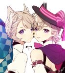  1boy 1girl :p ? aiwo_o_lite animal_ear_fluff animal_ears aqua_bow arrow_(symbol) artist_name black_headwear blonde_hair blunt_bangs blush bow braid brother_and_sister cat_ears cheek-to-cheek closed_mouth commentary_request detached_sleeves eyelashes facial_mark genshin_impact grey_hair hair_between_eyes hat hat_ribbon heads_together highres huge_bow long_sleeves looking_at_viewer looking_back lynette_(genshin_impact) lyney_(genshin_impact) parted_bangs red_ribbon ribbon shrug_(clothing) siblings signature simple_background single_braid star_(symbol) star_facial_mark striped striped_ribbon swept_bangs teardrop_facial_mark tongue tongue_out top_hat upper_body violet_eyes white_background 