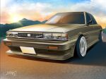  car clouds island_(isiand_) motor_vehicle mountainous_horizon no_humans original shadow signature sky stance_(vehicle) sunrise toyota toyota_cresta vehicle_focus 