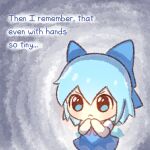  1girl :&lt; blue_bow blue_dress blue_eyes blue_hair bow cirno commentary dress english_commentary english_text green_tea_reimu hair_bow looking_at_viewer own_hands_together short_hair short_sleeves solo touhou 