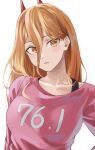  1girl absurdres chainsaw_man cross-shaped_pupils demon_girl demon_horns fengling_(furin-jp) highres horns long_hair orange_eyes orange_hair pink_sweater power_(chainsaw_man) red_horns solo sweater symbol-shaped_pupils 