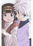 1boy 1girl :3 absurdres alluka_zoldyck androgynous black_hair blue_eyes blue_shirt enoki_(gongindon) highres hunter_x_hunter killua_zoldyck long_hair long_sleeves looking_at_viewer messy_hair muted_color official_style revision shirt siblings simple_background smile spiky_hair t-shirt upper_body white_hair