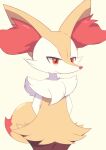  1girl absurdres animal_ear_fluff animal_ears animal_nose arms_behind_back black_fur body_fur braixen closed_mouth commentary_request cowboy_shot fox_ears fox_girl fox_tail furry furry_female highres inariya_(pixiv_88175043) multicolored_fur pokemon pokemon_(creature) red_eyes simple_background snout solo standing tail white_fur yellow_background yellow_fur 