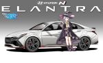  1girl absurdres black_footwear black_headwear black_jacket black_skirt black_socks blue_eyes blush boots braid car clenched_hand collared_shirt commission copyright_name elaina_(majo_no_tabitabi) english_commentary gradient_background grey_hair hat highres holding holding_wand hyundai hyundai_elantra hyundai_elantra_n jacket logo long_hair majo_no_tabitabi motor_vehicle neck_ribbon raffijoe5 ribbon shadow shirt side_braid skirt smile socks solo vehicle_focus vehicle_name wand white_shirt witch_hat yellow_ribbon 