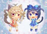  2girls :3 :d animal_ear_fluff animal_ears antenna_hair black_footwear black_hair blue_bow blue_eyes blue_footwear blue_shirt blue_skirt bow brown_hair cat_ears cat_girl cat_tail chibi closed_mouth commentary_request commission fang hair_bow holding kou_hiyoyo multiple_girls orange_footwear orange_shirt orange_skirt original pleated_skirt shirt short_sleeves short_twintails skeb_commission skirt smile socks standing tail twintails white_socks yellow_bow 