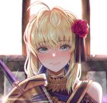  1girl ahoge artoria_pendragon_(fate) blonde_hair blush elker fate/grand_order fate/stay_night fate_(series) green_eyes hair_between_eyes hair_ribbon highres long_hair looking_at_viewer ribbon scabbard sheath smile solo sword weapon 