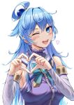  1girl absurdres aqua_(konosuba) blue_dress blue_eyes blue_hair blue_skirt blush detached_sleeves dress green_ribbon hair_ornament heart heart_hands highres isome kono_subarashii_sekai_ni_shukufuku_wo! light_blush long_hair looking_at_viewer one_eye_closed open_mouth ribbon simple_background skirt sleeveless smile smiley_face solo teeth upper_teeth_only white_background 