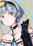  1girl absurdres aqua_necktie bare_shoulders black_choker black_gloves blue_hair blue_nails blunt_bangs bob_cut choker collarbone commentary earrings fingerless_gloves frown girls_frontline gloves goggles goggles_on_head grey_background highres jewelry long_sleeves looking_at_viewer melody-05 multicolored_nails necktie off-shoulder_shirt off_shoulder orange-tinted_eyewear orange_eyes orange_nails shirt short_hair sketch solo tinted_eyewear upper_body zas_m21_(girls&#039;_frontline) 