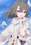  1girl :d absurdres animal bird blue_sky breasts commentary_request day dress earrings feathers grey_hair hair_between_eyes hand_up highres honkai_(series) honkai_impact_3rd jewelry looking_at_viewer medium_breasts outdoors short_sleeves sky smile solo unnyori violet_eyes vita_(honkai_impact) white_dress white_feathers wide_sleeves 