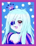  blue_hair breasts crown eyepatch fangs long_hair medical_eyepatch mini_crown non-web_source pink_eyes polka_dot polka_dot_background small_breasts 