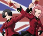  2girls black_hair cup ear_piercing earrings flag_background girls_und_panzer green_eyes hand_on_own_hip highres holding holding_cup jewelry military_uniform multiple_girls piercing redhead rosehip_(girls_und_panzer) skirt st._gloriana&#039;s_military_uniform tea uniform union_jack yoyokkun 